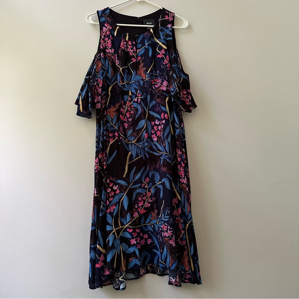 Anthropologie Maeve Tropical Floral Midi Dress Cold Shoulder Size 12